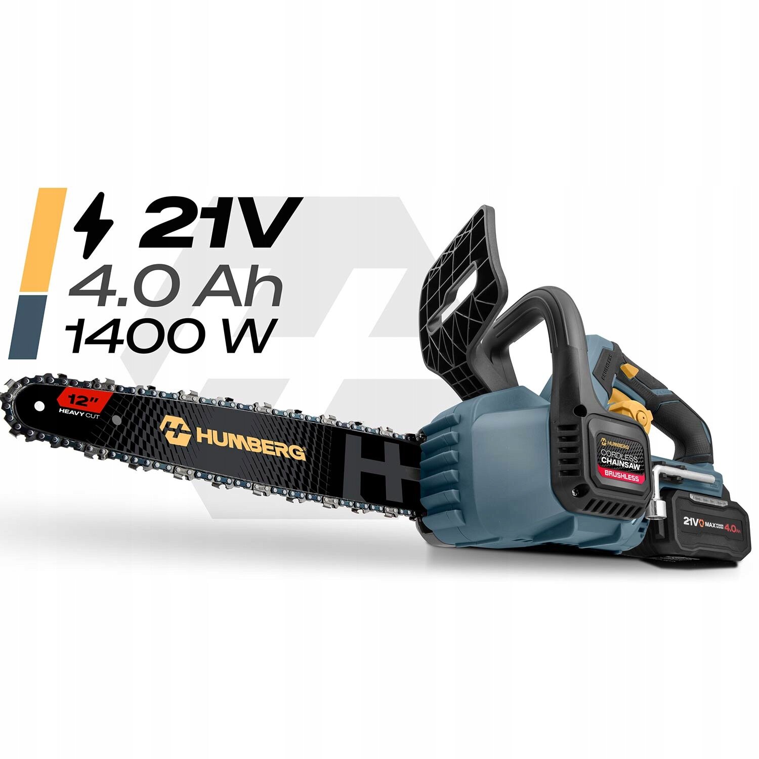 Na obrazie znajduje się akumulatorowa piła łańcuchowa z napisem \'HUMBERG\' na prowadnicy. Obok widoczny jest tekst: \'21V 4.0 Ah 1400 W\'.