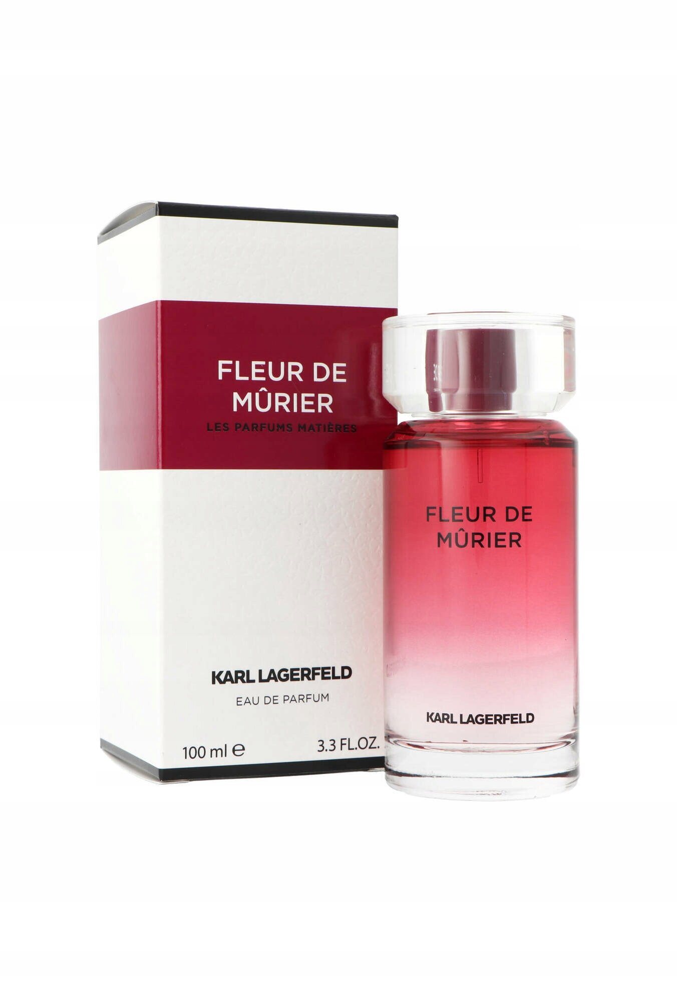 Na obrazie widoczna jest butelka perfum oraz pudełko z napisem \'Fleur de Mûrier\'. Na pudełku znajduje się również tekst \'Karl Lagerfeld Eau de Parfum 100 ml e 3.3 FL.OZ.\'.