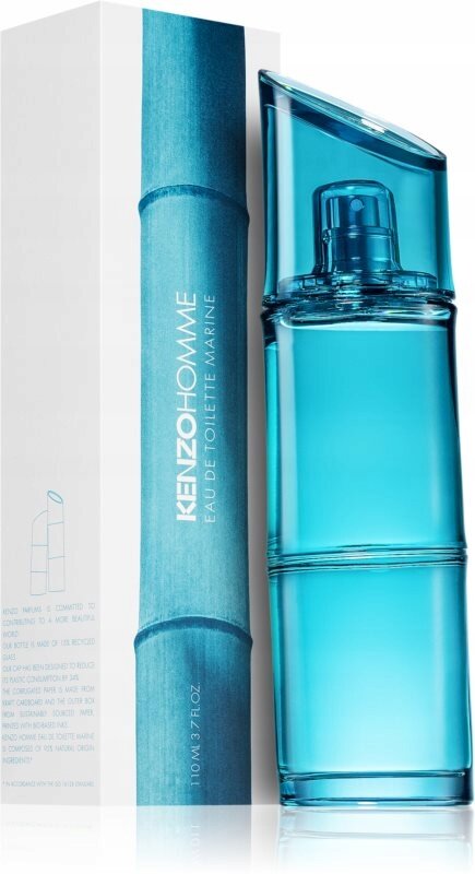 Na obrazie widoczny jest niebieski flakon perfum oraz opakowanie z napisem \'KENZO HOMME EAU DE TOILETTE MARINE\'. Flakon ma nowoczesny design z zakrzywionym wierzchołkiem.
