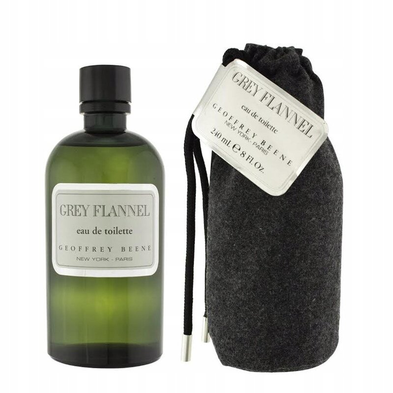 Zdjęcie przedstawia zieloną butelkę perfum z etykietą \'GREY FLANNEL eau de toilette GEOFFREY BEENE NEW YORK - PARIS\' oraz szary woreczek z napisem \'GREY FLANNEL GEOFFREY BEENE NEW YORK - PARIS 240 ml e 8 Fl. Oz.\'.