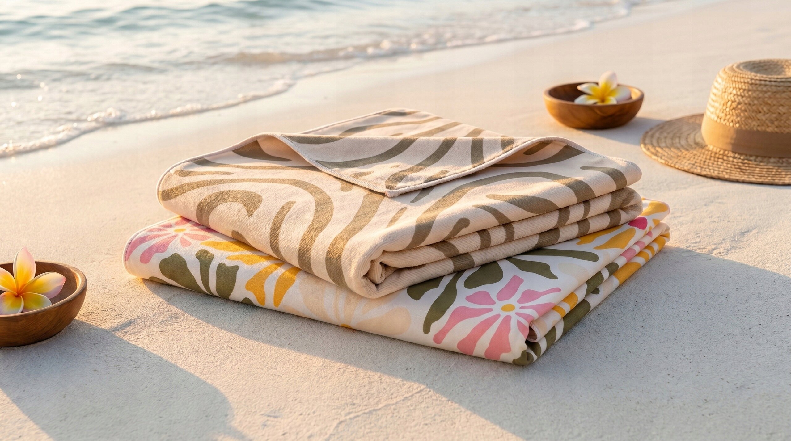 Na plaży leżą dwa złożone ręczniki z wzorami w pastelowych kolorach. Obok znajdują się drewniane miseczki z kwiatami i słomkowy kapelusz.