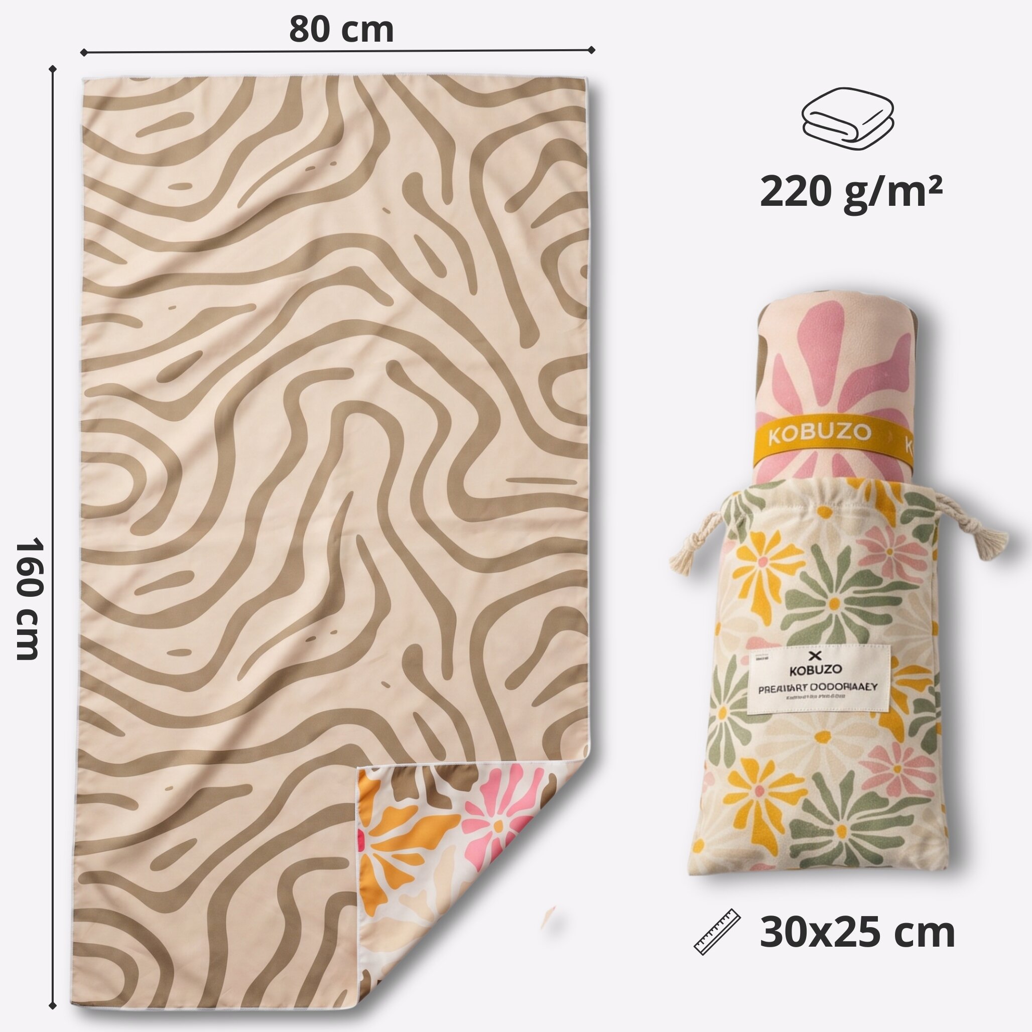 Ręcznik szybkoschnący o wymiarach 160×80 cm z wzorem w brązowe linie, zapakowany w woreczek z kwiatowym motywem. Widoczny tekst: \'KOBUZO\', \'220 g/m²\', \'30x25 cm\', \'PRZEWIEWNY ODDYCHAJĄCY\'.