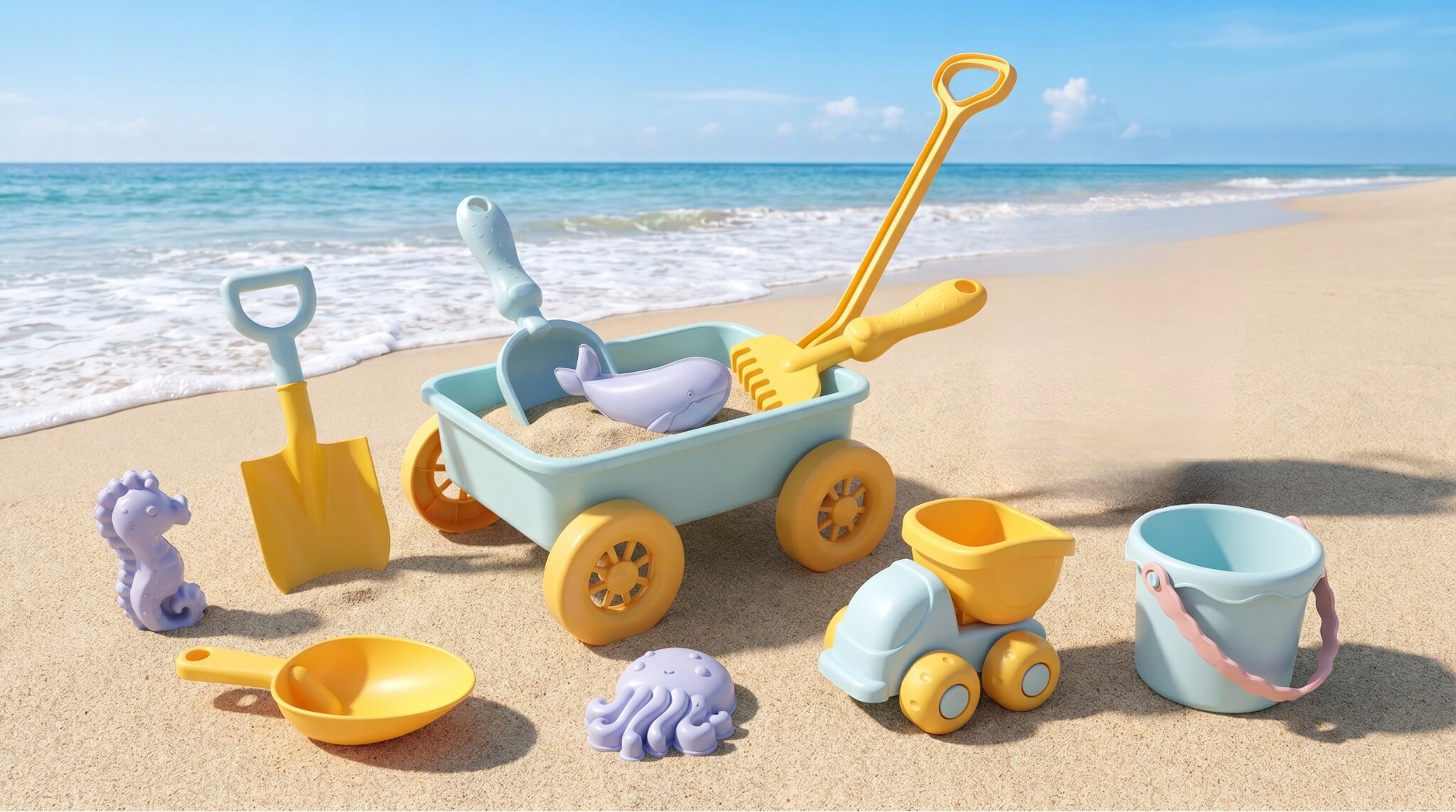 Na plaży znajduje się zestaw zabawek do piasku, w tym wózek z łopatką, grabkami i foremkami w kształcie zwierząt. W tle widać morze i niebo z chmurami.
