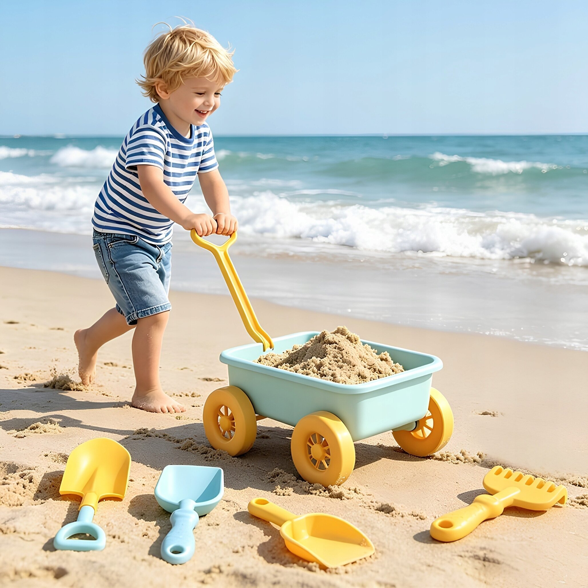 Dziecko bawi się na plaży, ciągnąc wózek z piaskiem. Na piasku leżą różne plastikowe zabawki do piasku, takie jak łopatki i grabki.