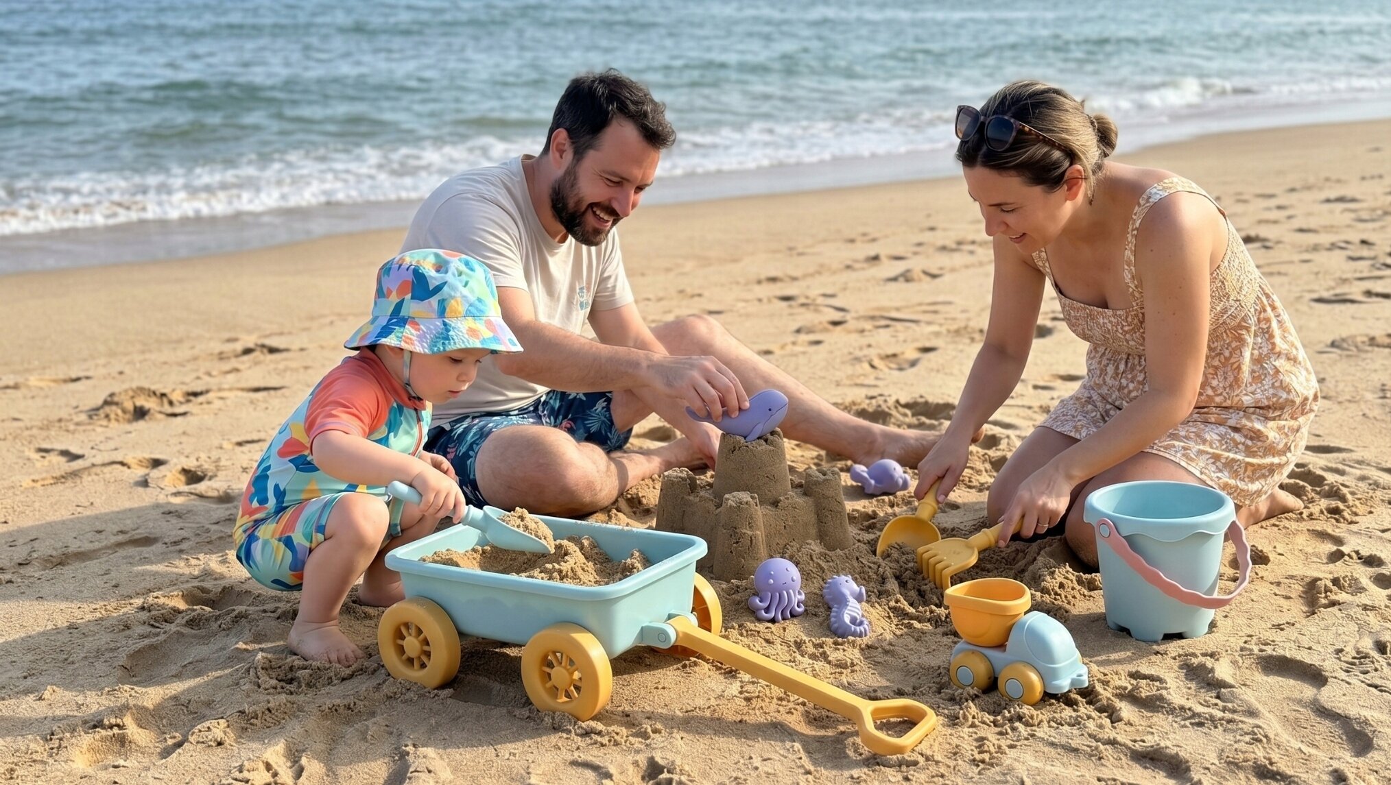 Na plaży widoczne są osoby bawiące się zestawem zabawek do piasku, w tym wózkiem, wiaderkiem i foremkami w kształcie zwierząt. W tle widać morze i piasek.