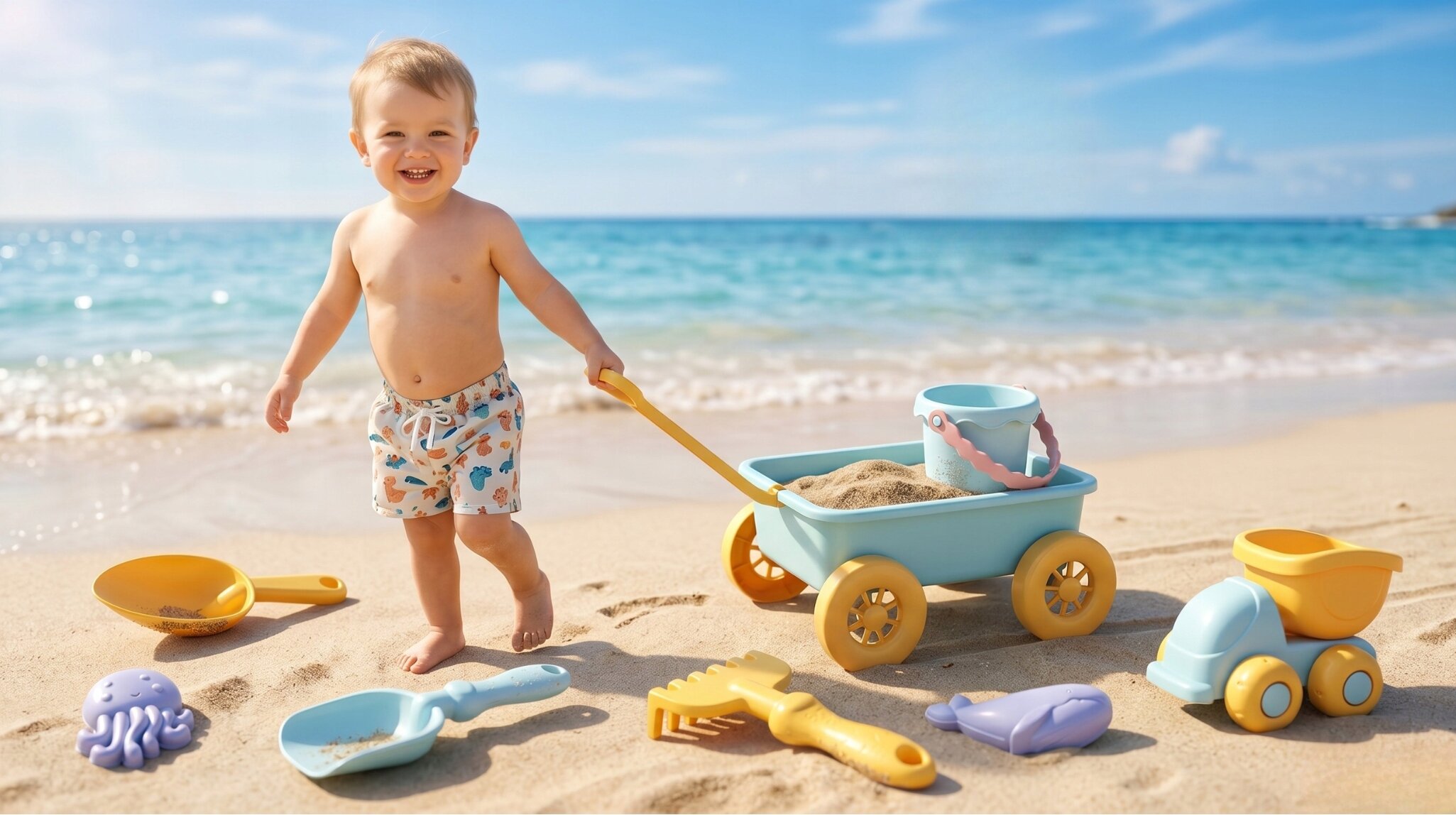 Dziecko bawi się na plaży, ciągnąc wózek z piaskiem. Wokół niego rozłożone są różne zabawki do piasku, takie jak łopatki, foremki i wiaderko.