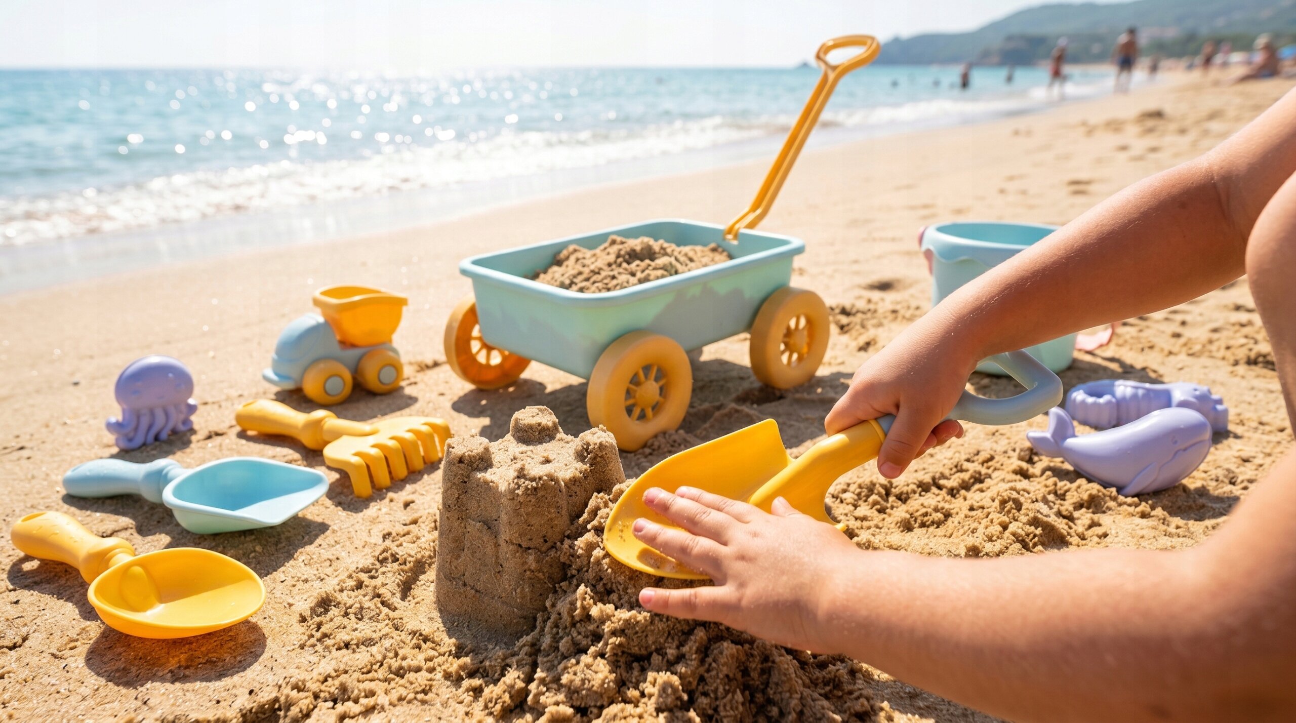 Na plaży widoczny jest zestaw zabawek do piasku, w tym wózek z piaskiem, foremki w kształcie zwierząt i łopatki. Dziecko buduje zamek z piasku przy użyciu żółtej łopatki.