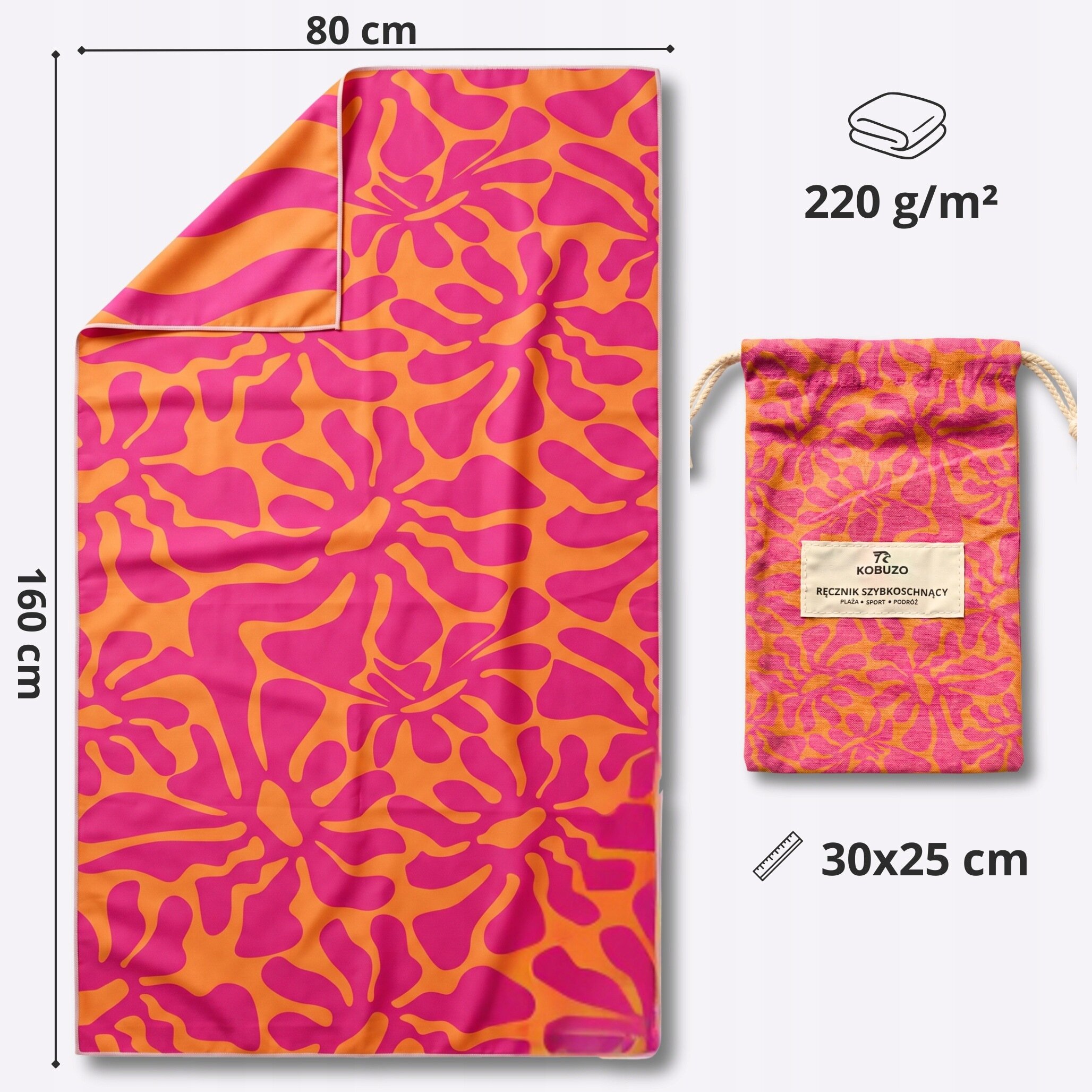 Ręcznik szybkoschnący o wymiarach 160×80 cm z wzorem w różowe i pomarańczowe kształty, obok znajduje się woreczek o wymiarach 30x25 cm z logo \'KOBUZO RĘCZNIK SZYBKOSCHNĄCY\'. Widoczna jest także informacja o gramaturze 220 g/m².
