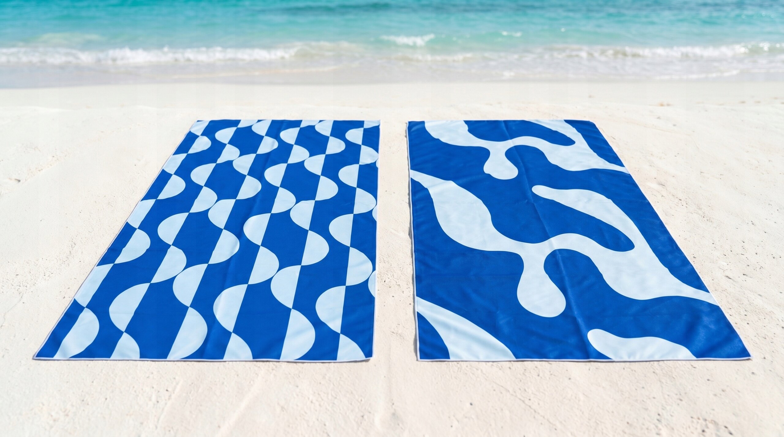 Na plaży leżą dwa ręczniki o wymiarach 160×80 cm z niebiesko-białymi wzorami. Lewy ręcznik ma wzór falisty, a prawy nieregularne kształty.