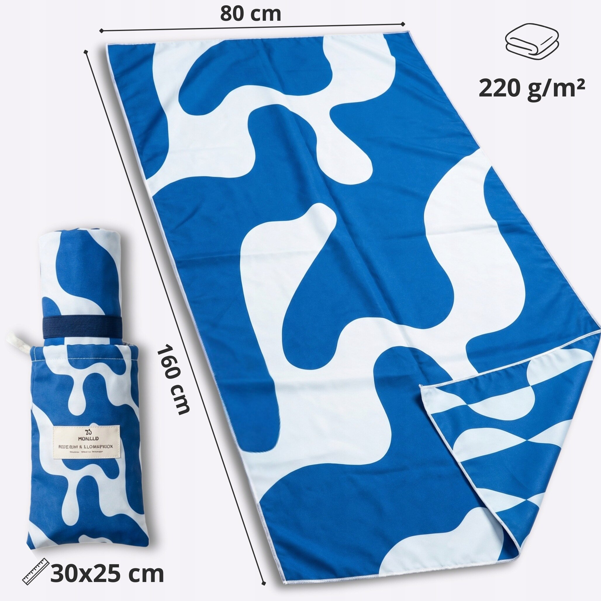 Ręcznik szybkoschnący o wymiarach 160×80 cm z niebiesko-białym wzorem, zapakowany w woreczek o wymiarach 30×25 cm. Gramatura materiału wynosi 220 g/m².