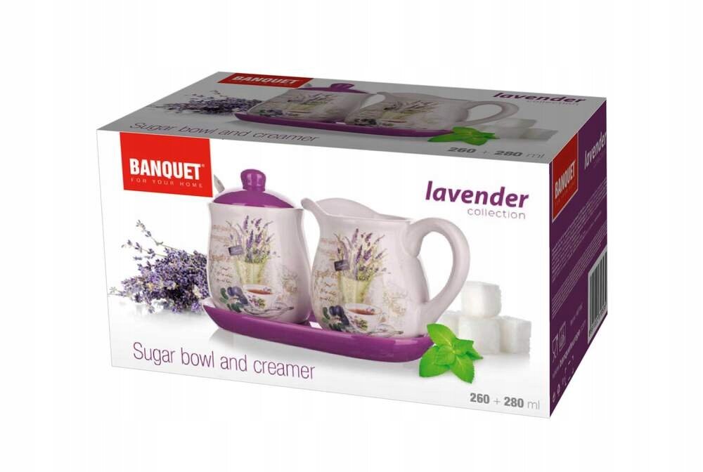 Opakowanie z zestawem mlecznika i cukiernicy z motywem lawendy, umieszczonych na fioletowej podstawce. Widoczny tekst: \'BANQUET\', \'lavender collection\', \'Sugar bowl and creamer\', \'260 - 280 ml\'.