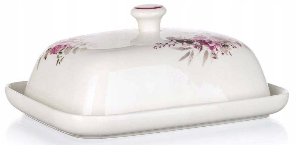 Ceramiczna maselniczka z pokrywką ozdobioną motywem róż i liści. Pokrywka ma uchwyt na górze, a całość utrzymana jest w jasnej kolorystyce.