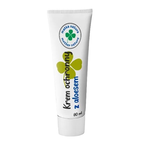 Biała tubka z napisem \'Krem ochronny z aloesem\' oraz \'80 ml\'. Na górze widoczne logo z napisem \'matka natura mother nature\' i zielonym symbolem koniczyny.