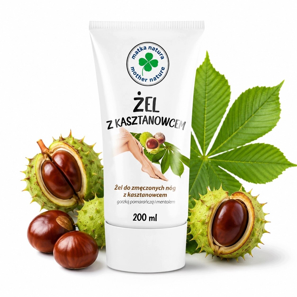 Na obrazie widoczna jest tubka z napisem \'ŻEL Z KASZTANOWCEM\' oraz \'żel do zmęczonych nóg z kasztanowcem gorzką pomarańczą i mentolem 200 ml\'. Obok tubki znajdują się kasztany i liście kasztanowca.