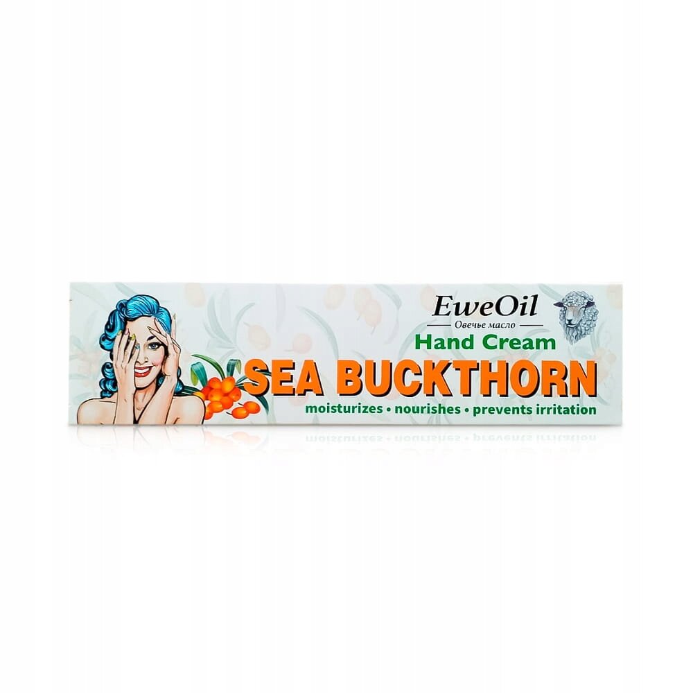 Opakowanie kremu do rąk z grafiką kobiety z niebieskimi włosami oraz napisem \'EweOil Hand Cream SEA BUCKTHORN moisturizes • nourishes • prevents irritation\'.