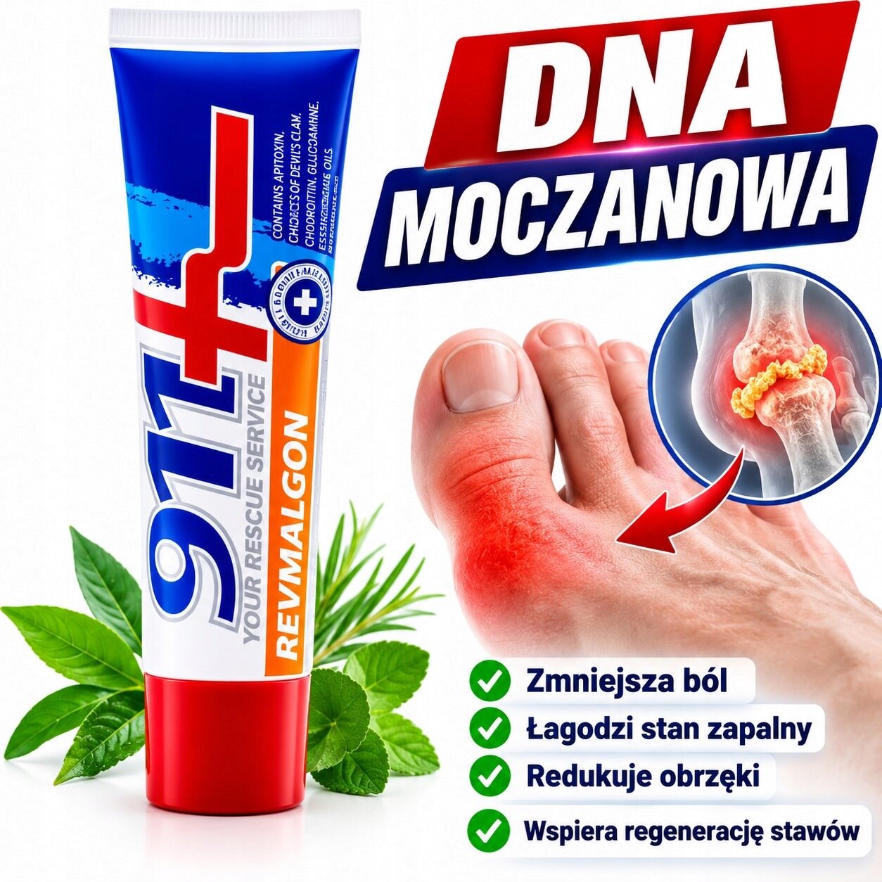 Na obrazie widoczna jest tubka kremu 911+ Revmalgon oraz stopa z zaczerwienieniem i grafiką przedstawiającą staw. Obok znajdują się napisy: \'DNA MOCZANOWA\', \'Zmniejsza ból\', \'Łagodzi stan zapalny\', \'Redukuje obrzęki\', \'Wspiera regenerację stawów\'.
