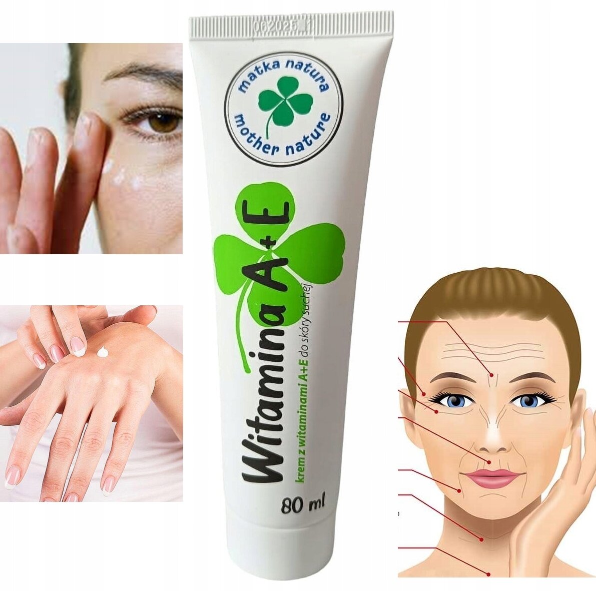 Na obrazie widoczna jest tubka kremu z napisem \'Witamina A+E krem z witaminami A+E do skóry suchej 80 ml\' oraz logo \'matka natura mother nature\'. Obok znajdują się ilustracje przedstawiające zastosowanie kremu na twarz i dłonie oraz schemat twarzy z zaznaczonymi miejscami zmarszczek.