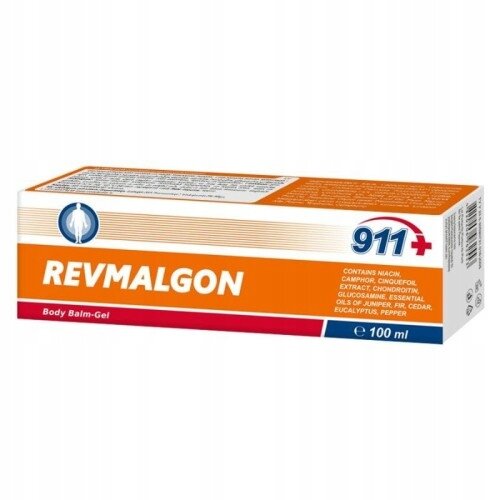 Opakowanie balsamu Revmalgon 911+ o pojemności 100 ml z widocznymi napisami: \'CONTAINS: NACl, CAMPHOR, CHONDROITIN, EXTRACTS: CHONDROITIN, GLUCOSAMINE, ESSENTIAL OILS OF: AMINE, FIR, CEDAR, EUCALYPTUS, PEPPER\'.