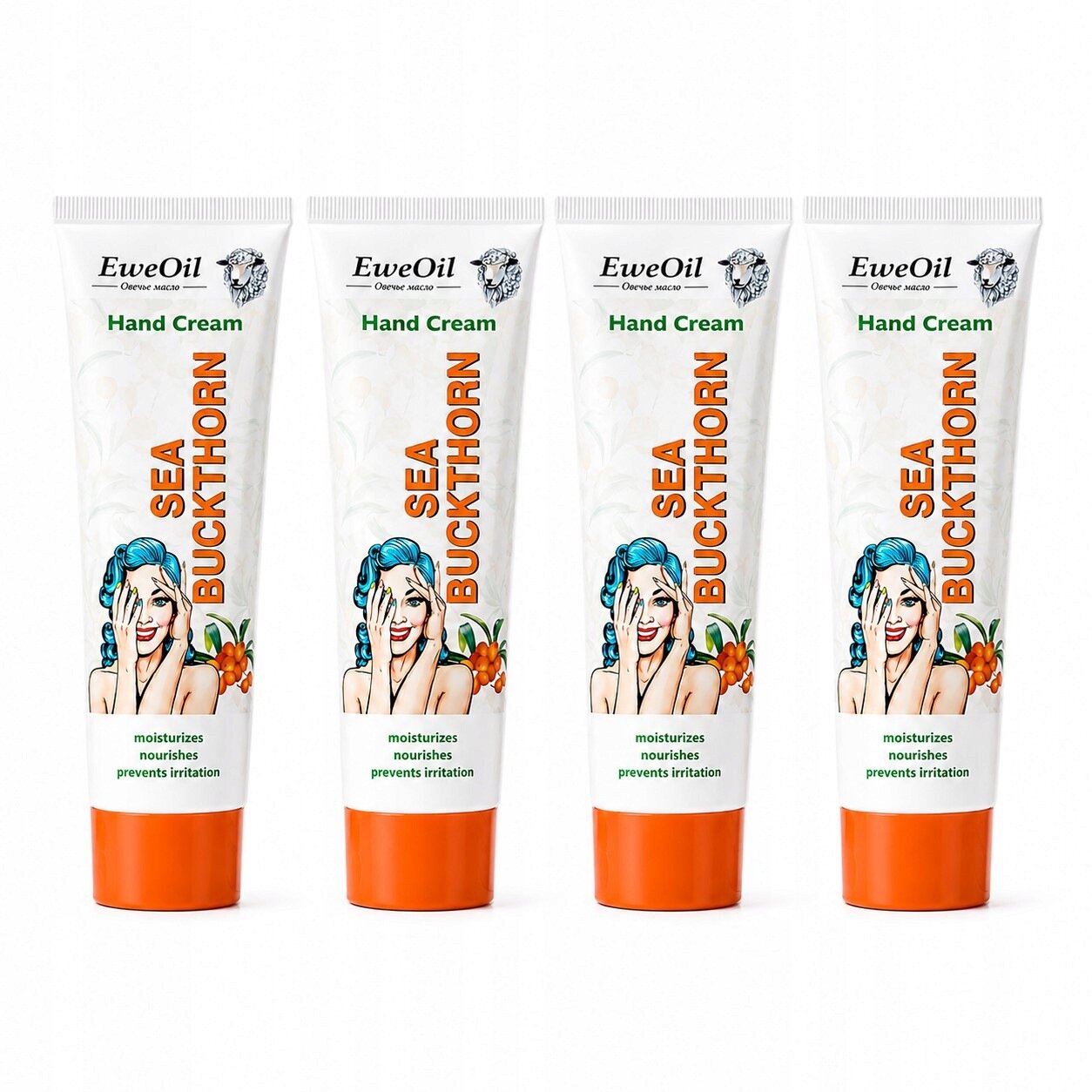 Na obrazie widoczne są cztery tubki kremu do rąk z napisem \'EweOil Hand Cream SEA BUCKTHORN\'. Każda tubka ma pomarańczową zakrętkę i grafikę kobiety z niebieskimi włosami oraz owocami rokitnika.