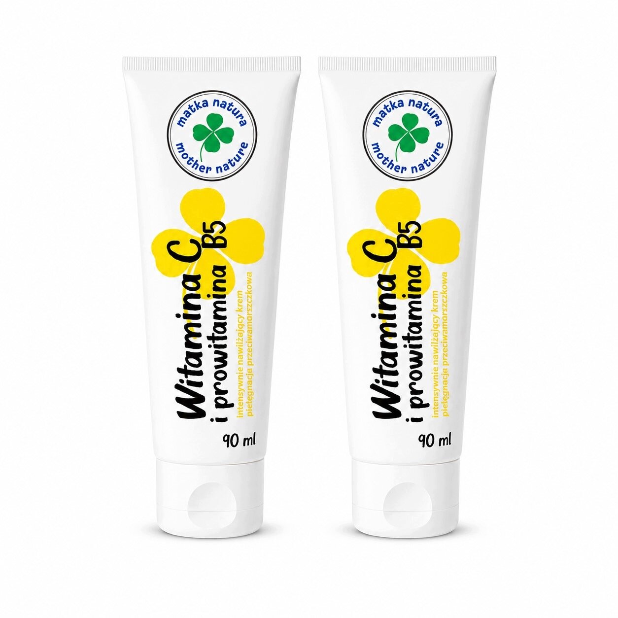 Dwa białe opakowania kremu z napisem \'Witamina C i prowitamina B5\' oraz logo \'matka natura\'. Każde opakowanie ma pojemność 90 ml.