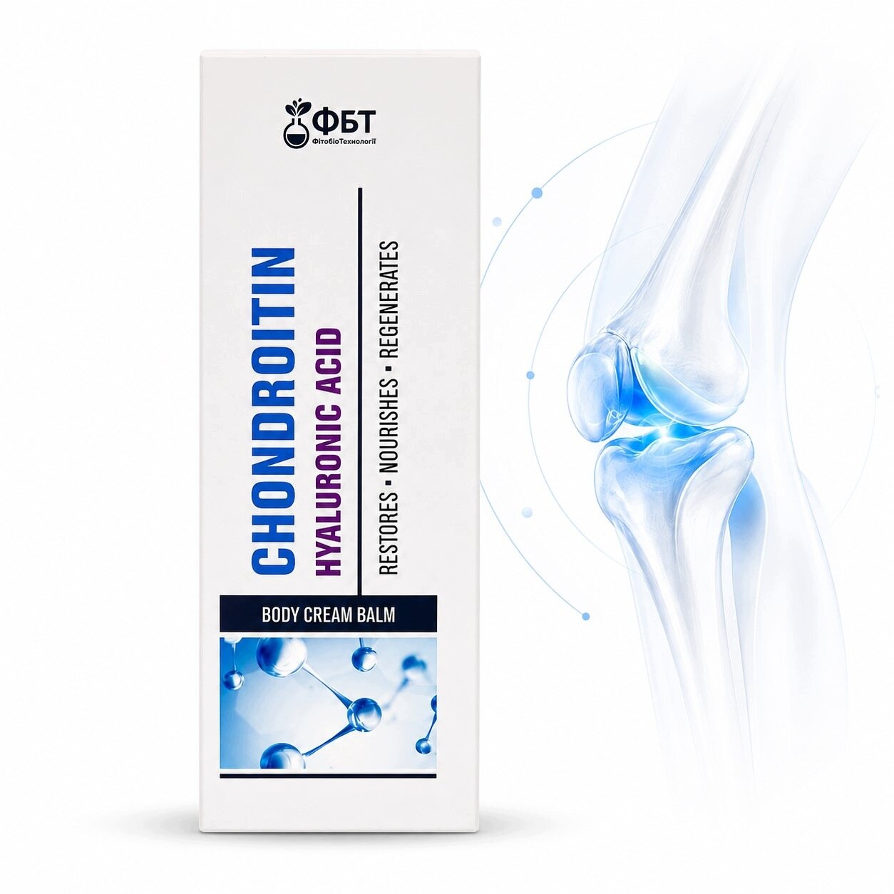 Opakowanie kremu do ciała z napisem \'CHONDROITIN HYALURONIC ACID\' oraz \'RESTORES - NOURISHES - REGENERATES\'. Obok widoczna jest ilustracja stawu kolanowego.