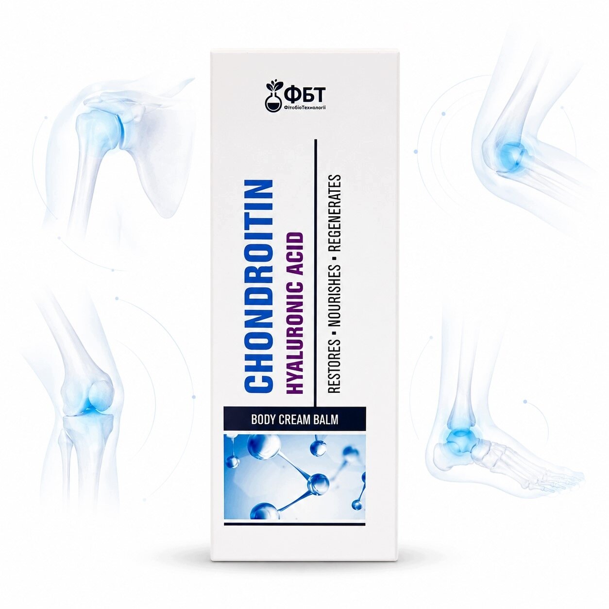 Opakowanie kremu do ciała z napisem \'CHONDROITIN HYALURONIC ACID\' oraz \'RESTORES • NOURISHES • REGENERATES\'. W tle widoczne są ilustracje stawów z niebieskimi akcentami.