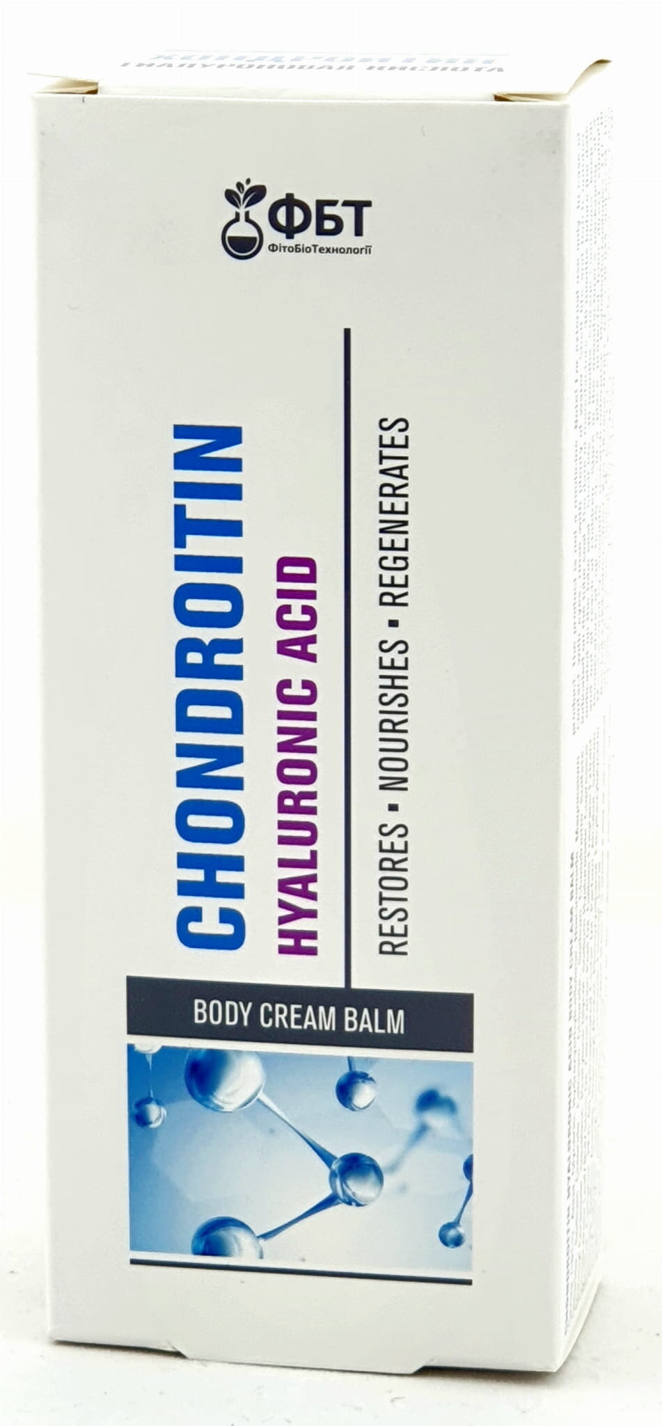 Opakowanie kremu-balsamu do ciała z chondroityną i kwasem hialuronowym, z widocznym logo producenta i napisem \'CHONDROITIN HYALURONIC ACID\'.
