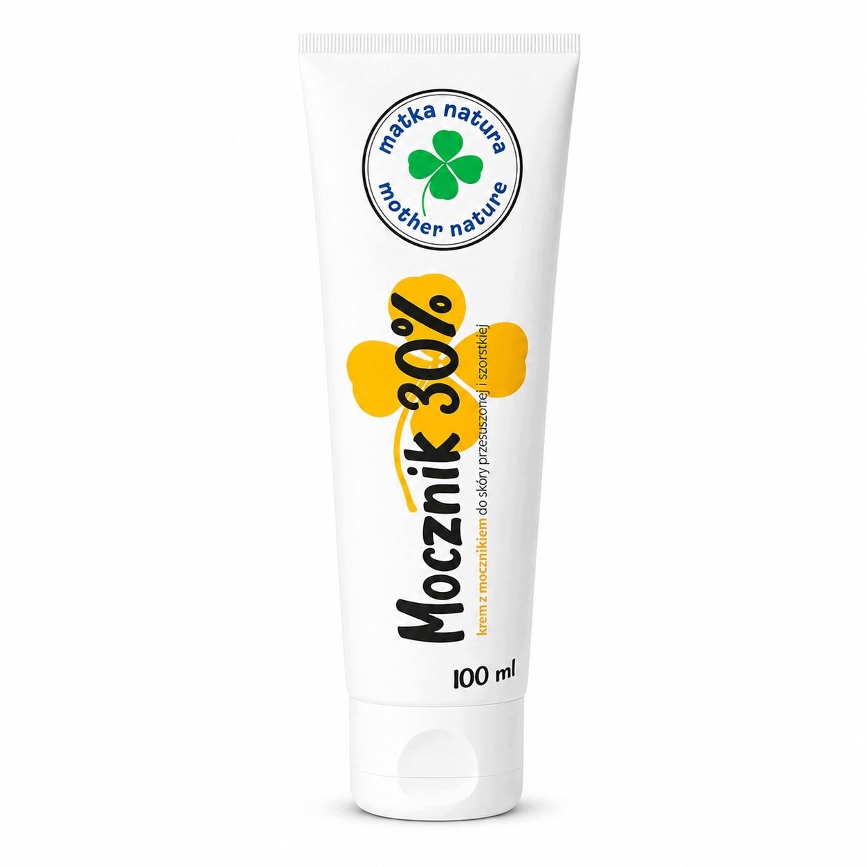 Biała tubka z napisem \'Mocznik 30%\' oraz \'krem z mocznikiem do skóry przesuszonej i szorstkiej\'. Na górze widoczne logo z napisem \'matka natura mother nature\'.