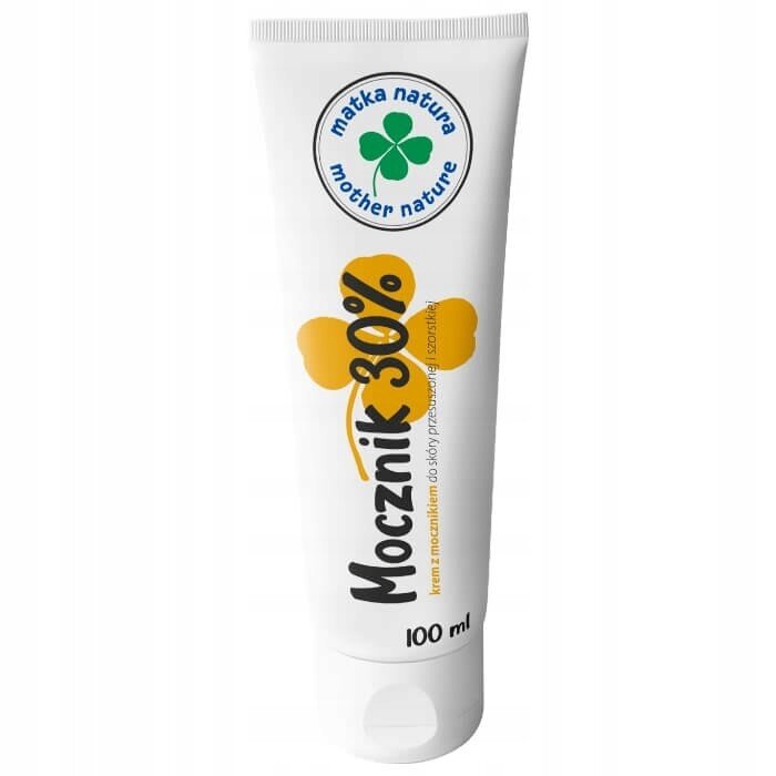 Biała tubka kremu z napisem \'Mocznik 30%\' oraz \'krem z mocznikiem do skóry przesuszonej i szorstkiej\'. Na górze widoczne logo z napisem \'matka natura mother nature\'.