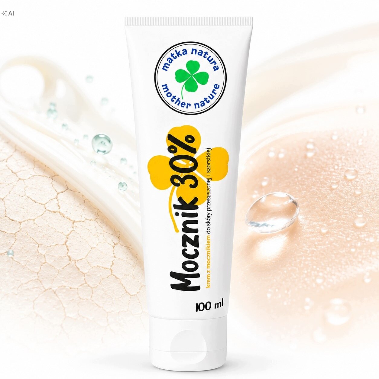 Na obrazie widoczna jest tubka kremu z napisem \'Mocznik 30%\' oraz logo \'matka natura mother nature\'. Tło przedstawia zbliżenie na skórę i krople wody.