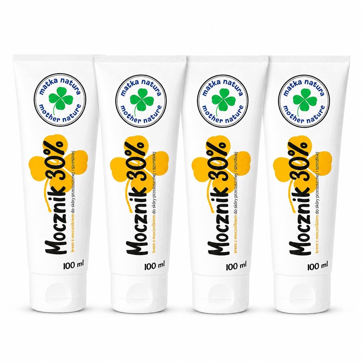 Na obrazie widoczne są cztery tubki kremu z napisem \'Mocznik 30%\' oraz logo \'matka natura moher nature\'. Każda tubka ma pojemność 100 ml.