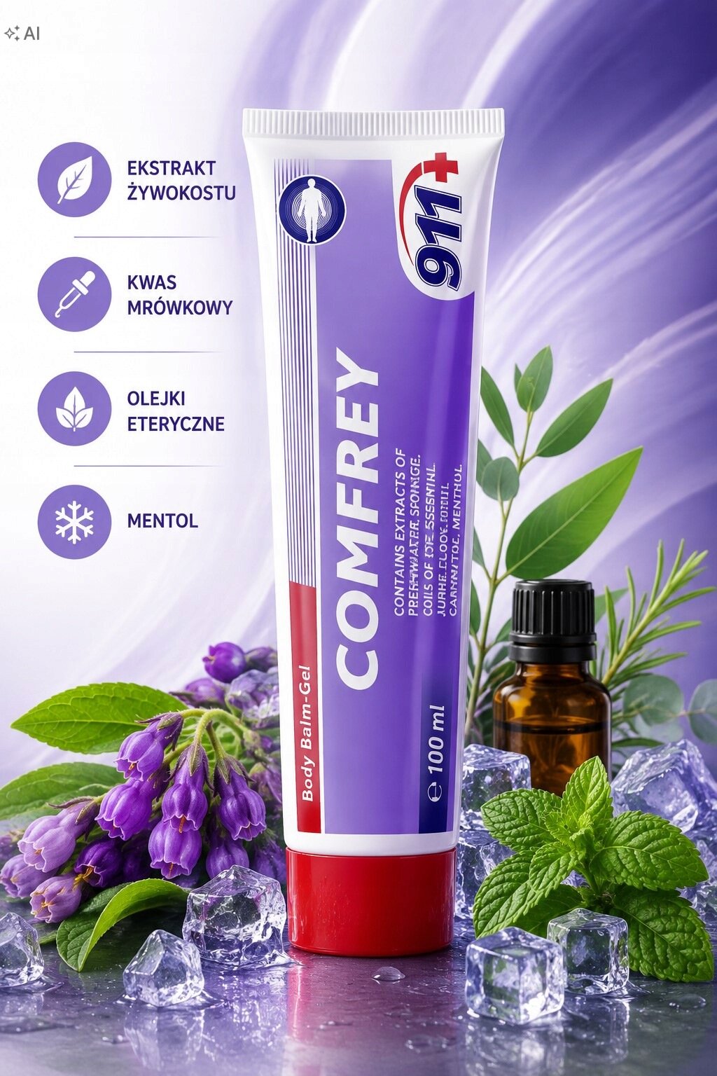 Na obrazie widoczna jest tubka balsamu Comfrey 911+ o pojemności 100 ml, otoczona liśćmi, kwiatami i kostkami lodu. Obok tubki znajdują się ikony z napisami: \'EKSTRAKT ŻYWOKOSTU\', \'KWAS MRÓWKOWY\', \'OLEJKI ETERYCZNE\', \'MENTOL\'.