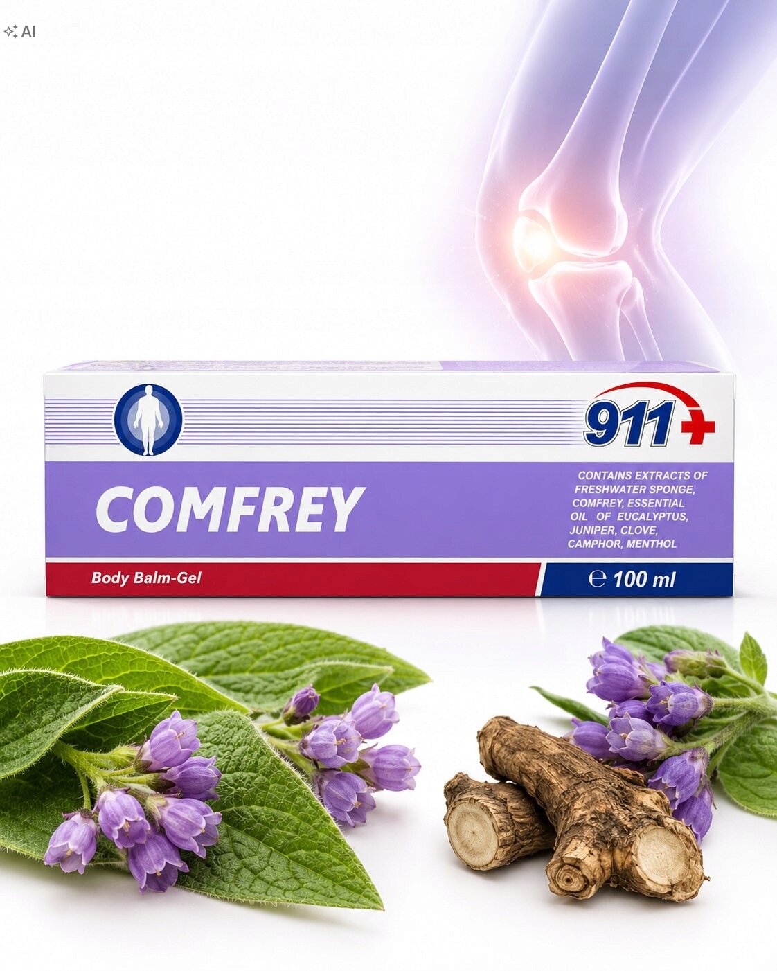Opakowanie balsamu Comfrey 100 ml z napisem \'Body Balm-Gel\' i logo \'911+\'. Obok znajdują się liście i kwiaty żywokostu oraz korzenie.