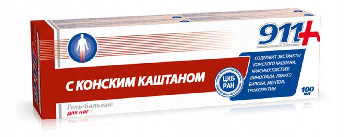 Opakowanie żelu balsamu z końskim kasztanem o pojemności 100 ml, z widocznym tekstem \'С КОНСКИМ КАШТАНОМ\' oraz logo \'911+\'.
