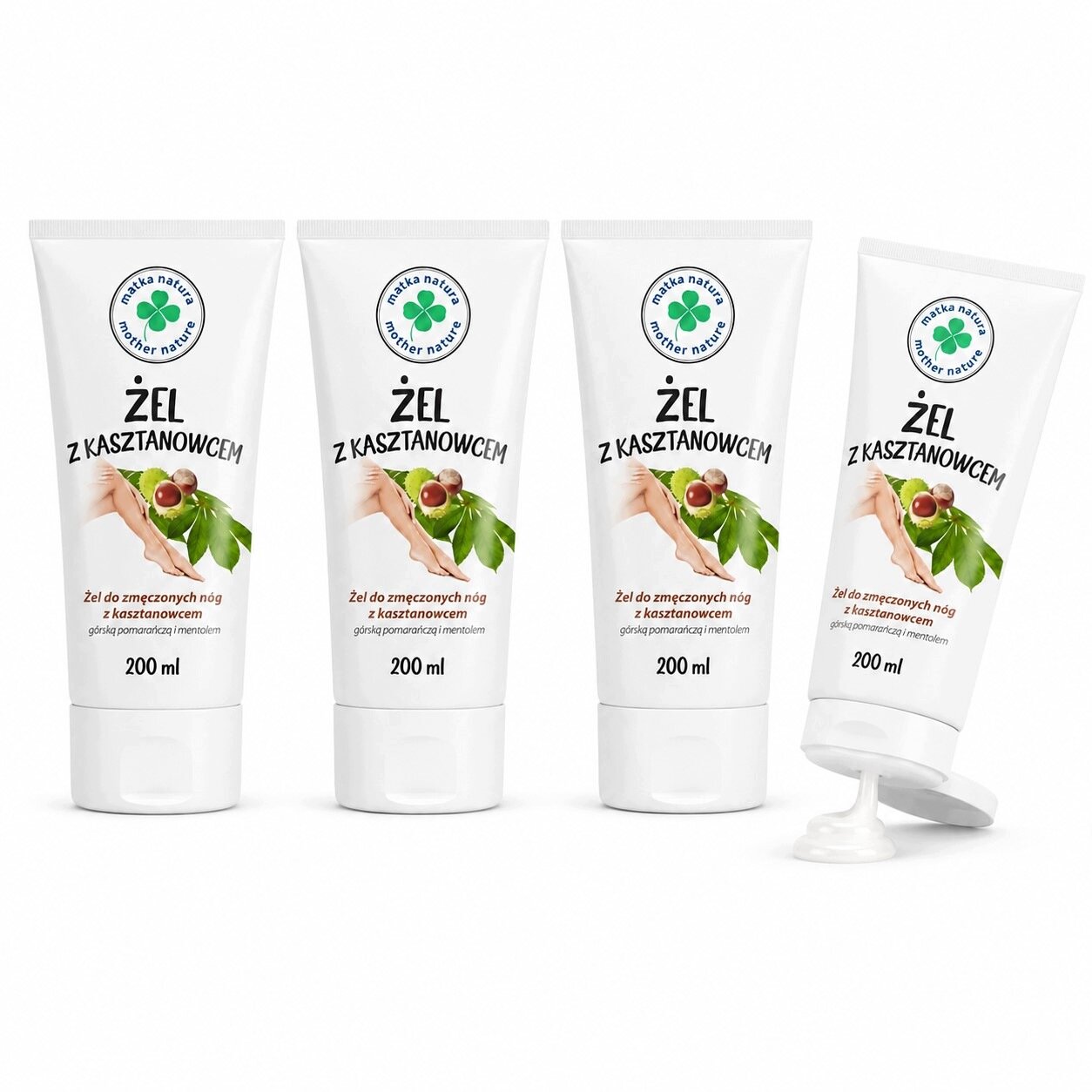 Na obrazie widoczne są cztery tubki produktu \'Żel z kasztanowcem\' o pojemności 200 ml każda, z grafiką kasztanów i liści oraz napisem \'Żel do zmęczonych nóg z kasztanowcem, gorzka pomarańcza i mentol\'.