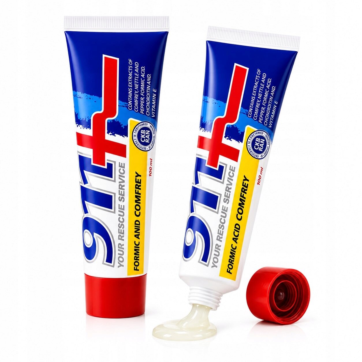 Na obrazie widoczne są dwie tubki kremu z napisem \'911 YOUR RESCUE SERVICE FORMIC ACID AND COMFREY\'. Jedna z tubek jest otwarta, a z niej wydobywa się krem.