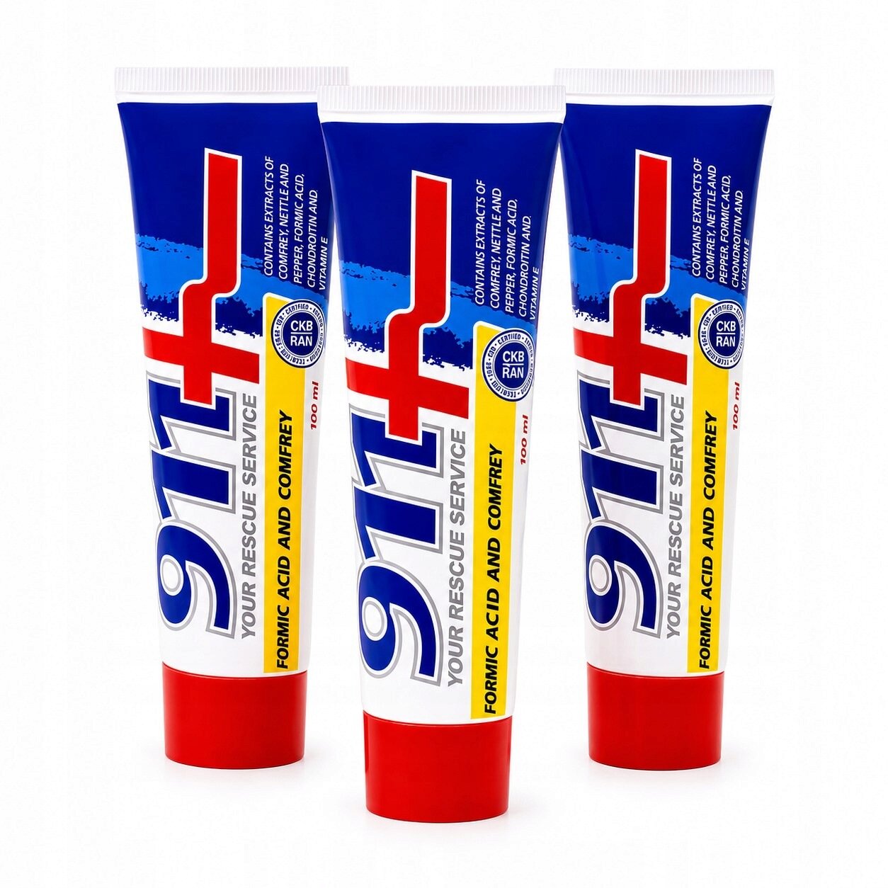 Na obrazie widoczne są trzy tubki produktu z napisem \'911 YOUR RESCUE SERVICE FORMIC ACID AND COMFREY\'. Tubki mają czerwone nakrętki i niebiesko-białą etykietę z czerwonym krzyżem.