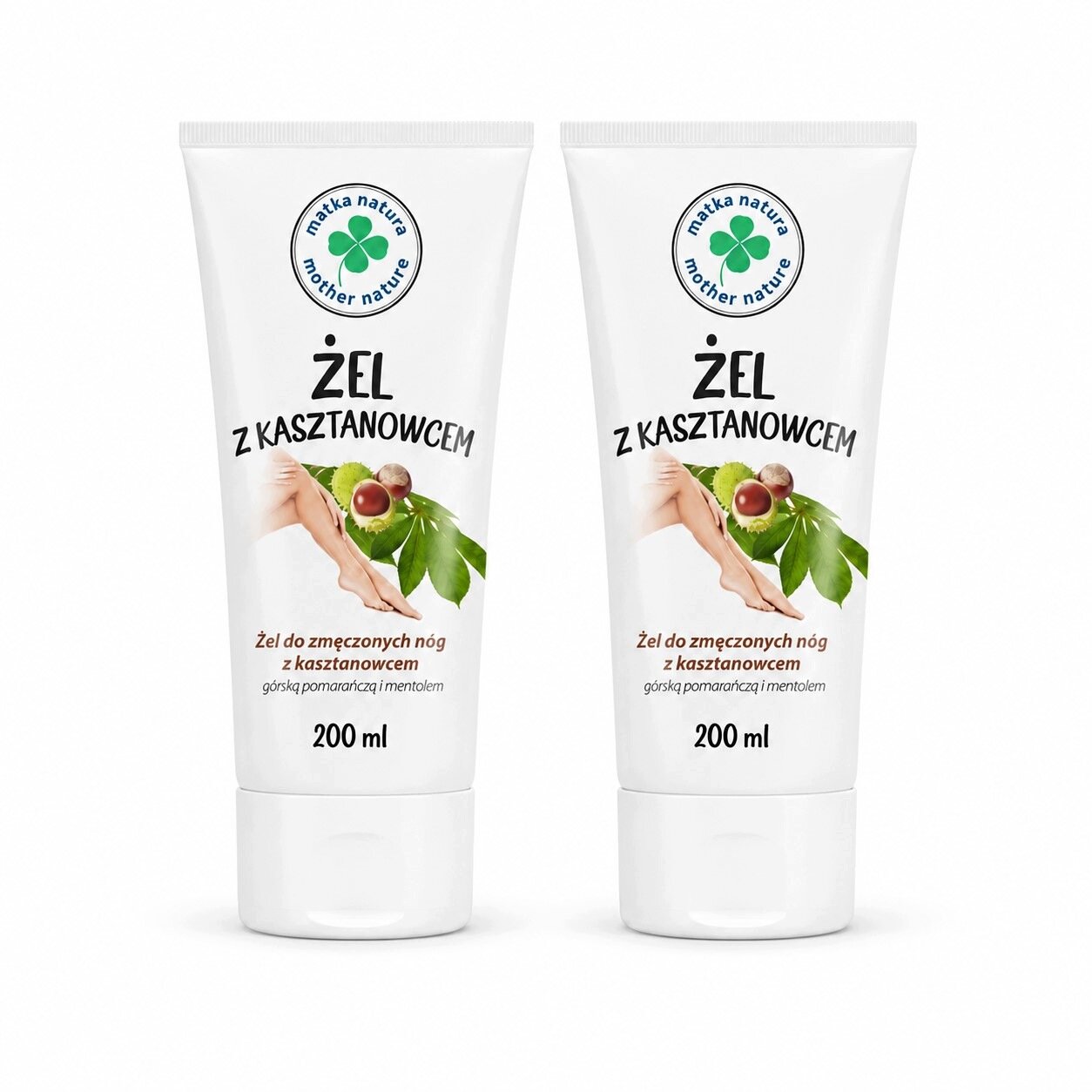 Dwa białe opakowania żelu z kasztanowcem o pojemności 200 ml, z logo \'matka natura mother nature\'. Na opakowaniach widoczny jest napis: \'ŻEL Z KASZTANOWCEM Żel do zmęczonych nóg z kasztanowcem górską pomarańczą i mentolem\'.