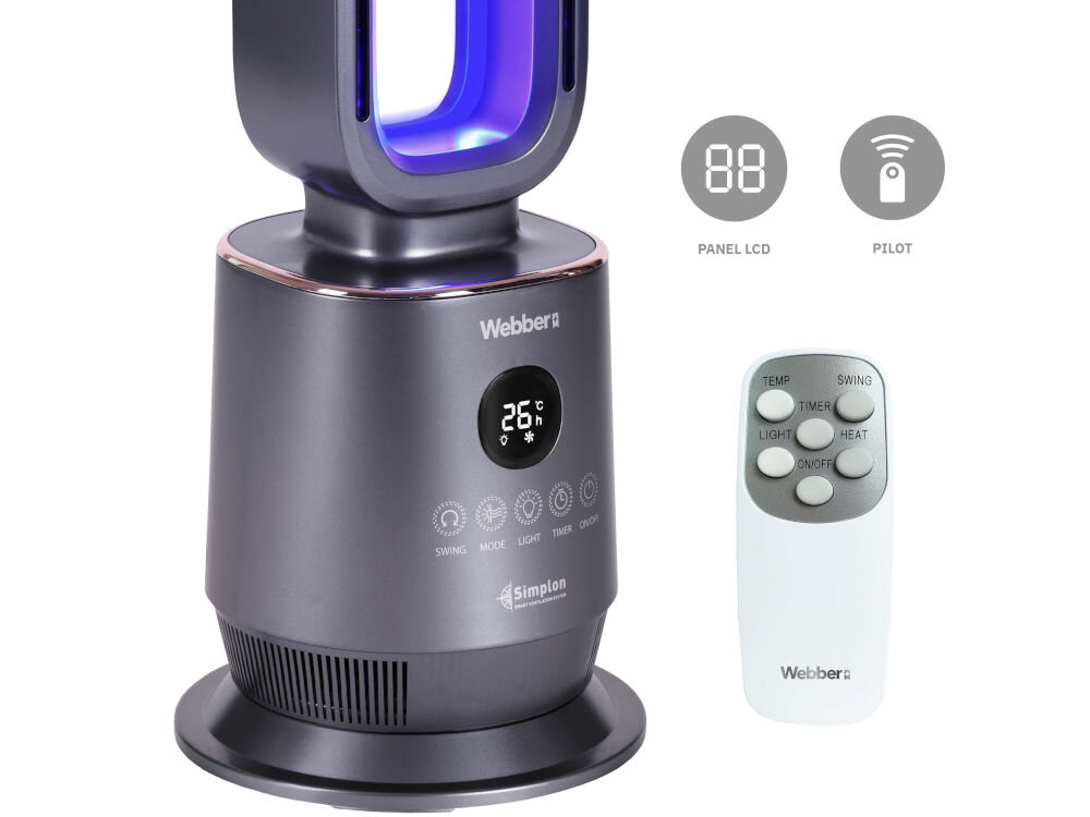 Na obrazie widoczny jest termowentylator z wyświetlaczem LCD pokazującym temperaturę 26°C oraz pilot z przyciskami oznaczonymi jako TEMP, SWING, TIMER, LIGHT, HEAT, ON/OFF. Na urządzeniu i pilocie znajduje się logo \'Webber\'.