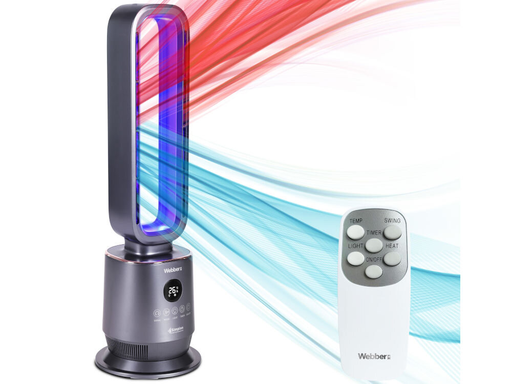 Na obrazie widoczny jest termowentylator o nowoczesnym designie z wyświetlaczem pokazującym temperaturę 26°C oraz pilot z przyciskami oznaczonymi jako TEMP, SWING, TIMER, LIGHT, HEAT, ON/OFF. Logo \'Webber\' znajduje się na obu urządzeniach, a w tle widoczne są kolorowe strumienie powietrza.