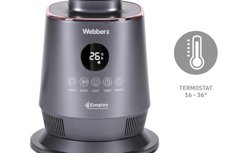 Na obrazie widoczny jest termowentylator w kolorze szarym z wyświetlaczem pokazującym temperaturę 26°C. Obok znajduje się ikona termostatu z napisem \'TERMOSTAT 16 - 36°\'.