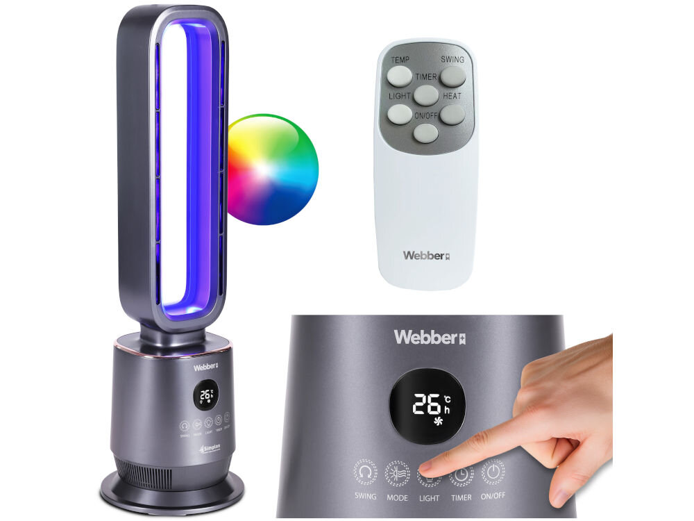 Obraz przedstawia termowentylator z podświetleniem LED oraz pilot z przyciskami oznaczonymi jako TEMP, SWING, TIMER, LIGHT, HEAT, ON/OFF. Na wyświetlaczu termowentylatora widoczna jest temperatura 26°C, a obok znajduje się ręka naciskająca przycisk.