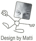Grafika przedstawia rysunkową postać z kwadratową twarzą, na której widnieje zdjęcie oczu i czoła osoby. Pod postacią znajduje się napis: \'Design by Matti\'.