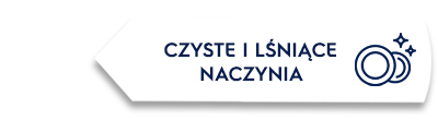 Grafika przedstawia biały prostokąt z tekstem \'CZYSTE I LŚNIĄCE NACZYNIA\' oraz ikoną dwóch talerzy z gwiazdkami po prawej stronie.