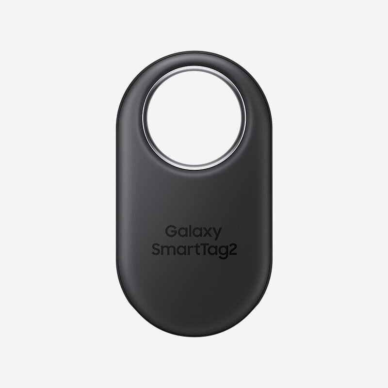 Czarny lokalizator z otworem na jednym końcu, z napisem \'Galaxy SmartTag2\' na powierzchni.