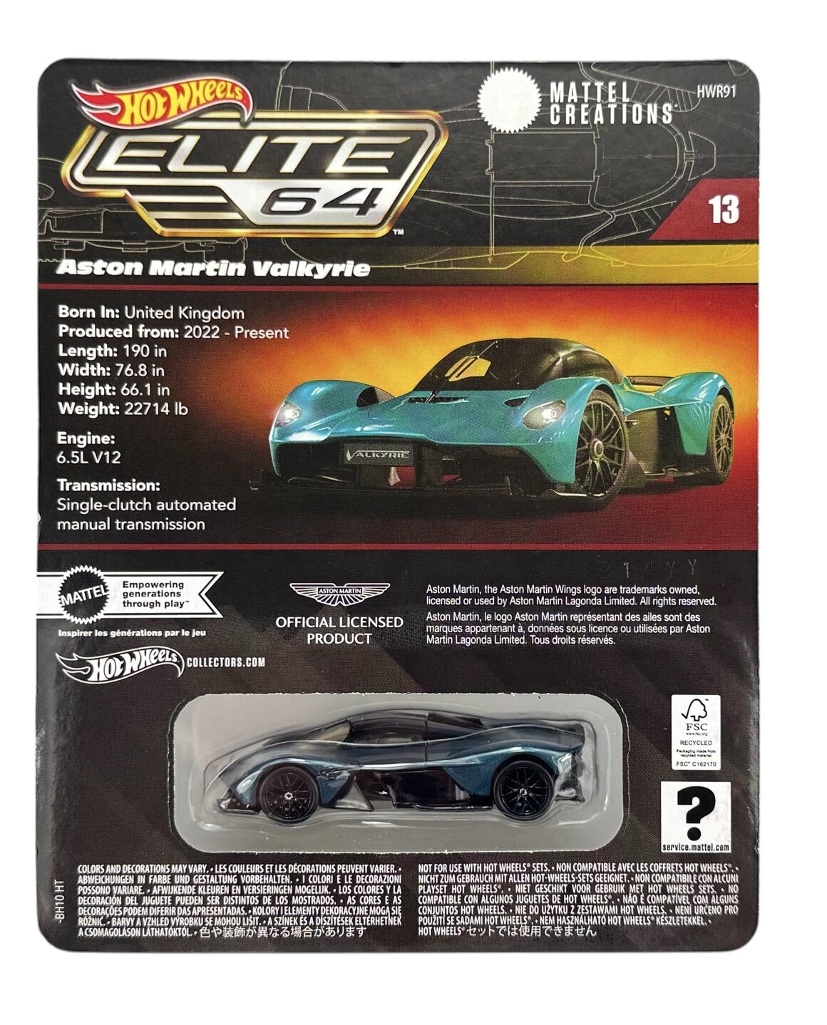Opakowanie modelu samochodu Hot Wheels Elite 64 Aston Martin Valkyrie z widocznym modelem w przezroczystym okienku. Na opakowaniu znajdują się informacje techniczne pojazdu oraz logo producenta Mattel Creations.