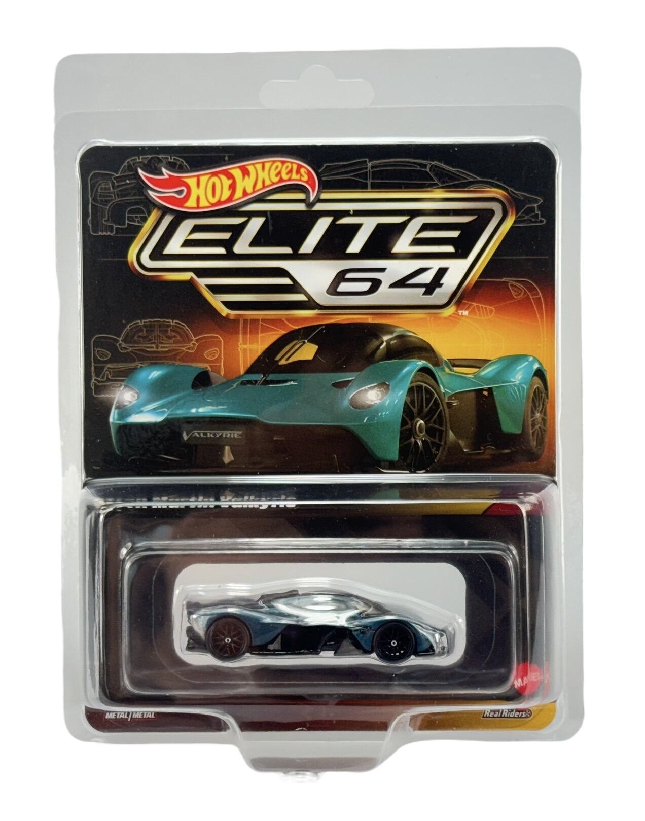Opakowanie z modelem samochodu Hot Wheels Elite 64, przedstawiające metalowy model Aston Martin Valkyrie. Na górze widoczne jest logo Hot Wheels Elite 64, a w dolnej części przezroczysta osłona ukazuje miniaturę samochodu.