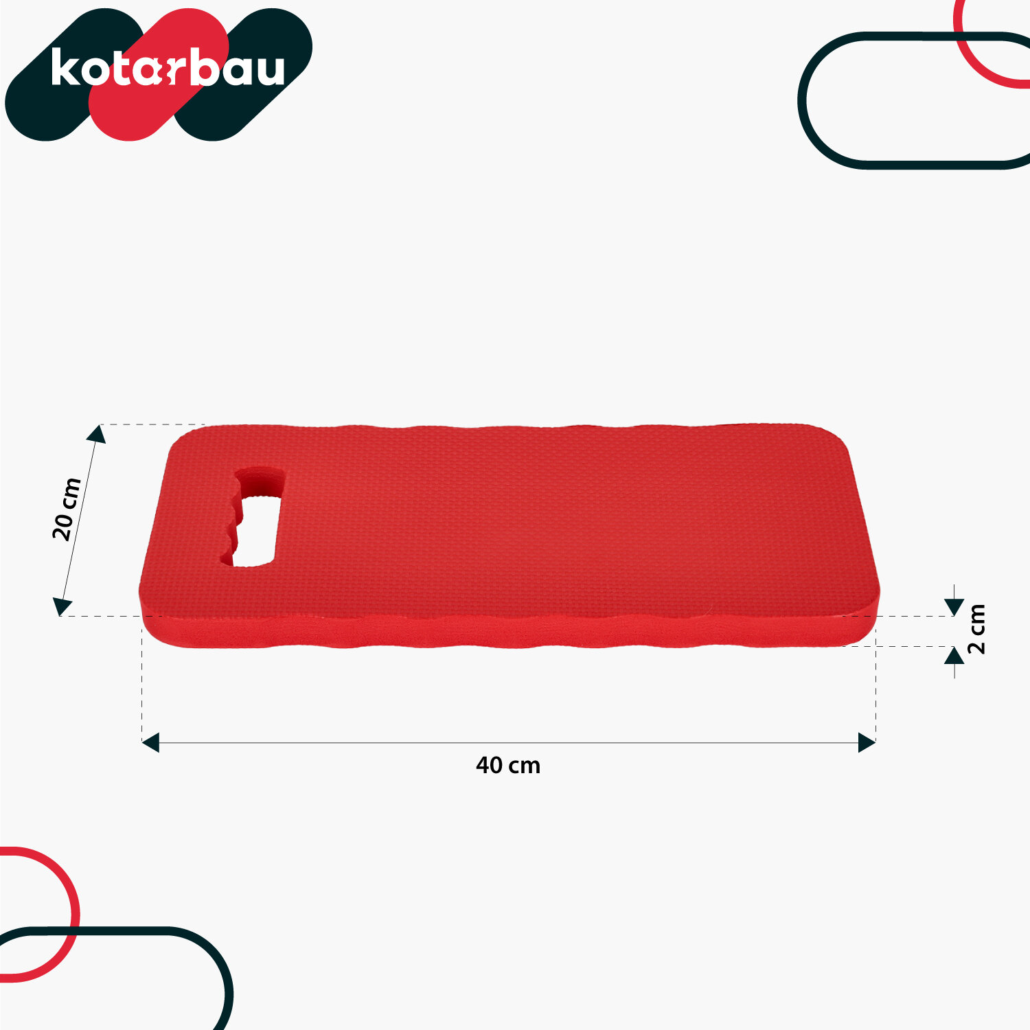 Czerwona piankowa podkładka ogrodnicza o wymiarach 40 x 20 x 2 cm z wyciętym uchwytem. Logo \'kotarbau\' widoczne w rogu obrazu.