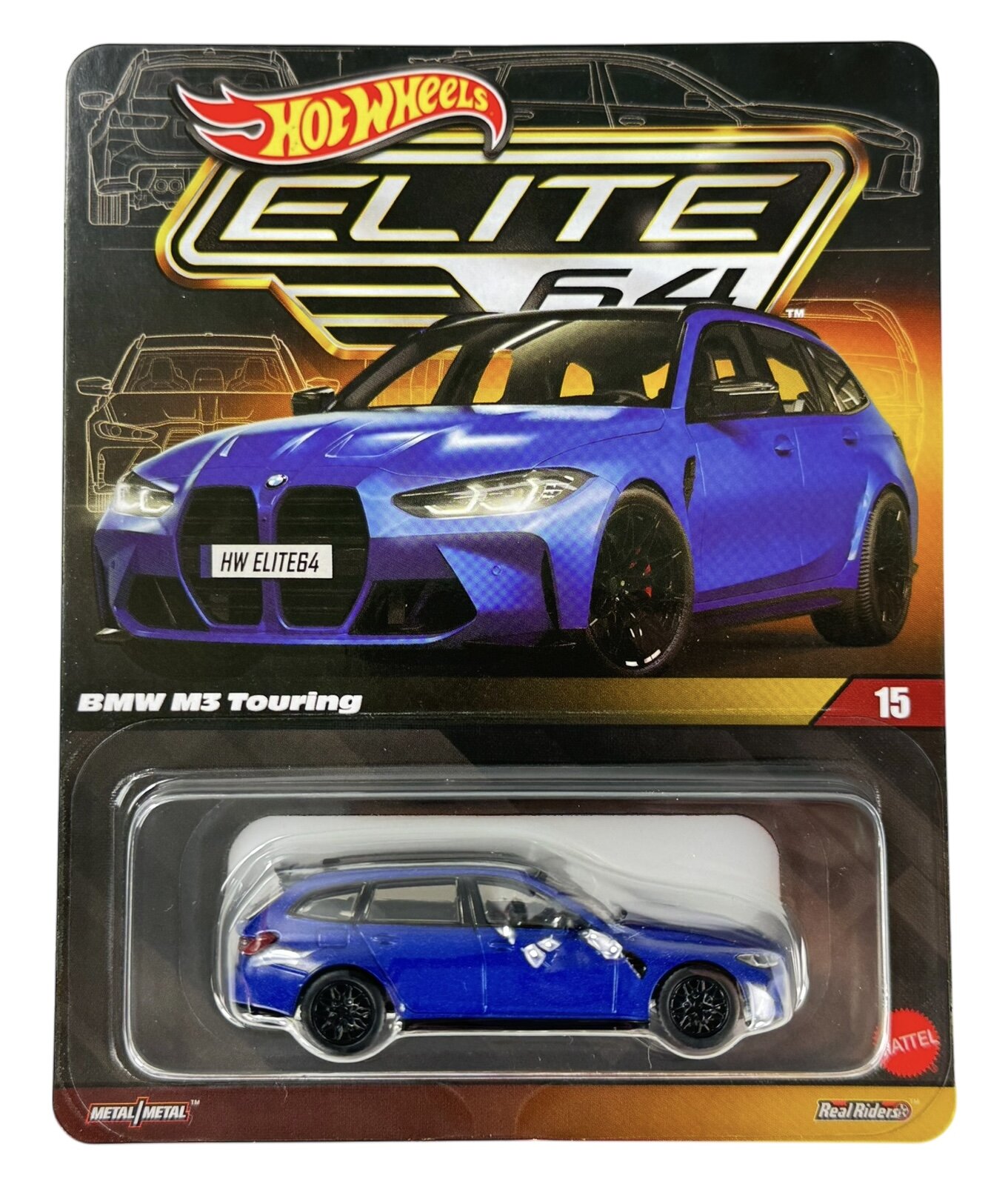 Opakowanie z modelem samochodu Hot Wheels Elite 64 BMW M3 Touring w kolorze niebieskim. Na opakowaniu widoczne są napisy: \'HW ELITE64\', \'BMW M3 Touring\', \'Metal/Metal\', \'Real Riders\'.