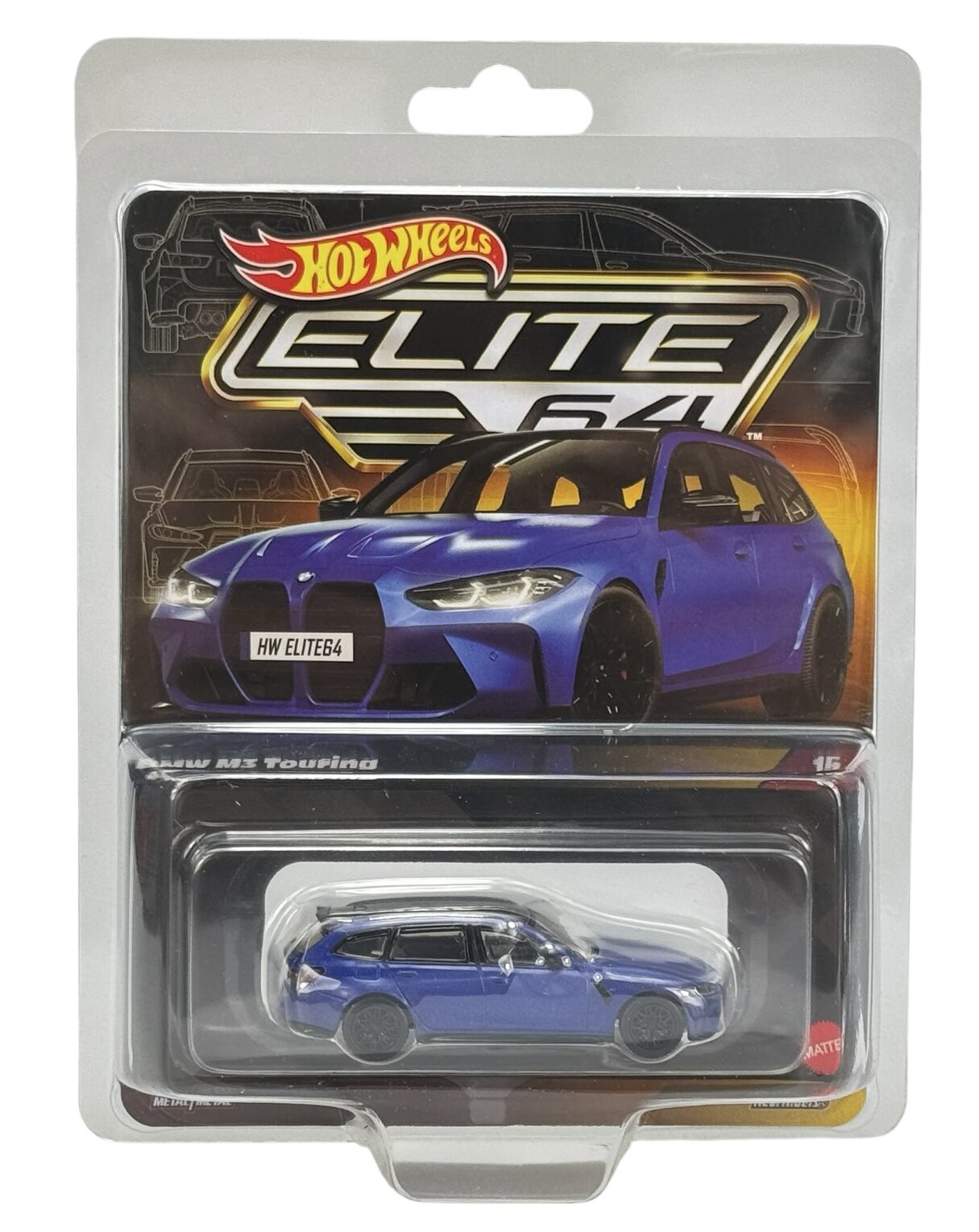 Opakowanie z modelem samochodu Hot Wheels Elite 64, przedstawiające niebieski samochód BMW M3 Touring. Na opakowaniu widoczne jest logo Hot Wheels oraz napis \'HW ELITE64\'.